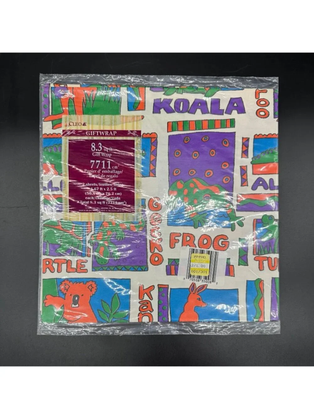 Vintage Gift Wrapping Paper Jungle Animals Neon USA Frog Alligator Koala 1990s